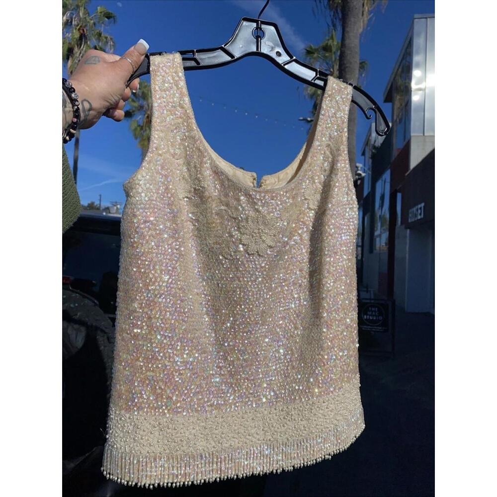VTG 1950’s Irredescent Scallop Sequin & Beaded Pearl Sleeveless Cocktail Top Med